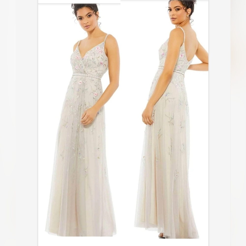 Mac Duggal 9141 - Sleeveless V- Neck Beige Floral Maxi Dress Sz 6 NWT